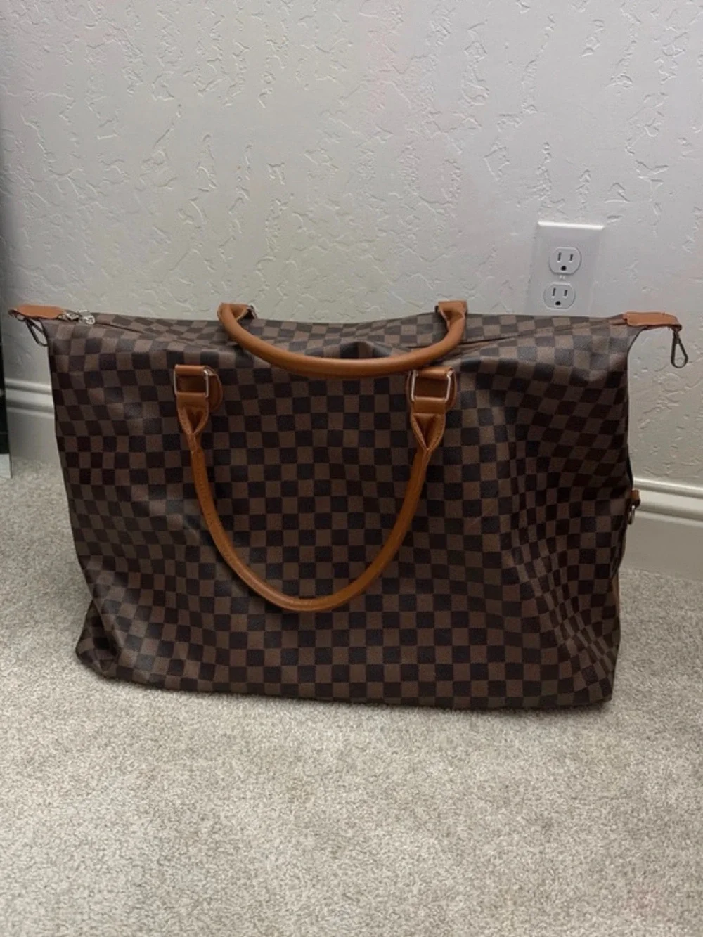 Brown Checkered Travel Weekender Bag